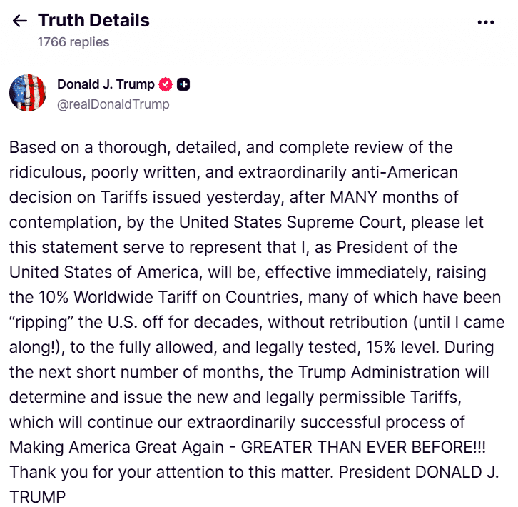 Trump declares global tariff hike to 15% following court setback